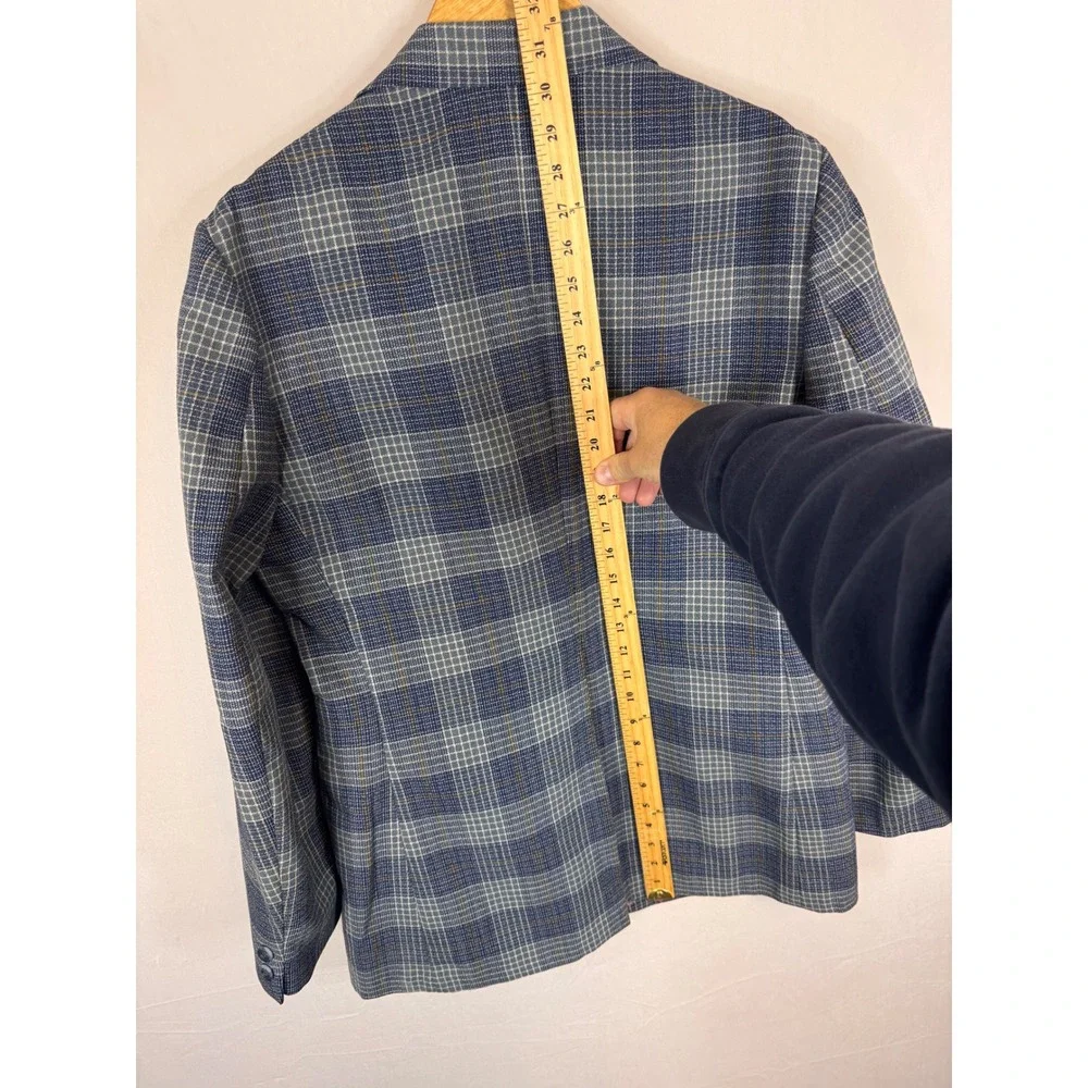 Vintage‎ Zellers Mens 40R  Shop Blue Grey Plaid Wool Blend Blazer Sport Coat 70s